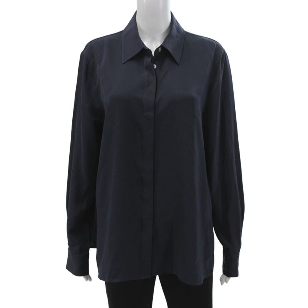 Lily Silk Women Button Down Blouse Blue Crew Neck Solid Long Sleeve Size XL